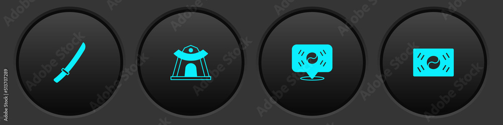 Set Katana, Korean temple, Location South and flag icon. Vector Set Katana, Korean temple, Location South and flag icon. Vector
