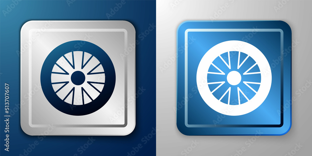 White Alloy wheel for car icon isolated on blue and grey background. Silver and blue square button. Vector White Alloy wheel for car icon isolated on blue and grey background. Silver and blue square button. Vector