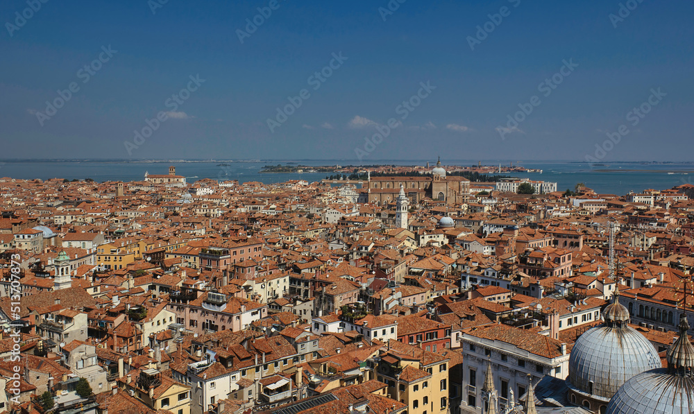 Venice, Italy: Panoramic view showing rooftops of venice cityscape from campanile di san Marco