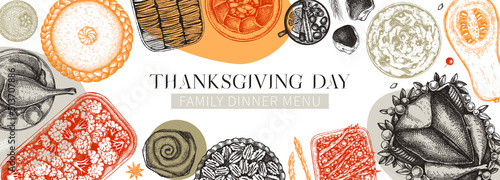 Thanksgiving dinner collage. Fall food and drinks trendy frame design. Sketched roasted turkey, cooked vegetables, baked goods, desserts sketches. Vintage autumn food template. Thanksgiving table