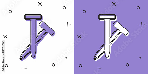 Set Metallic nails icon isolated on white and purple background. Vector