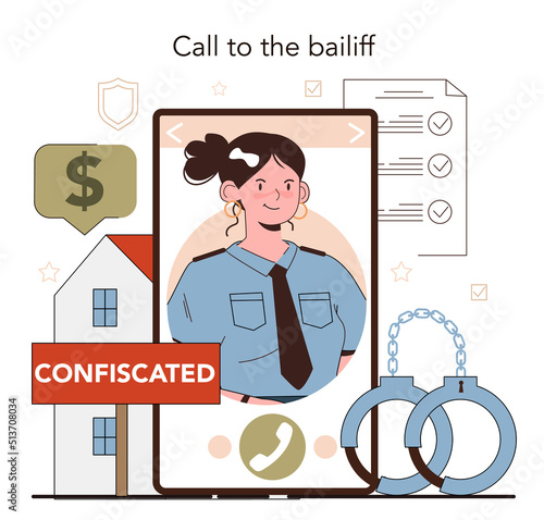 Bailiff concept online service or platform. Court officer confiscating