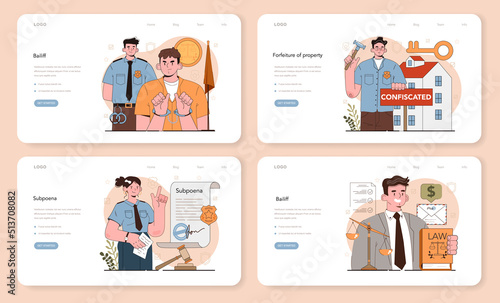 Bailiff concept web banner or landing page. Court officer confiscating