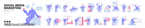 Mega set with social media marketing scenes. Business Concept illustrations. Collection of characters taking part in business activities. Vector illustration in modern flat style