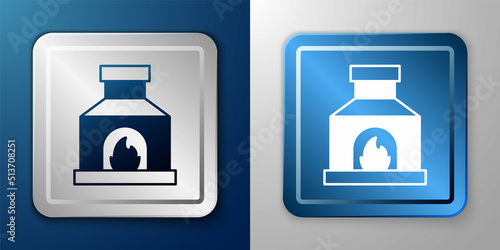 White Blacksmith oven icon isolated on blue and grey background. Silver and blue square button. Vector
