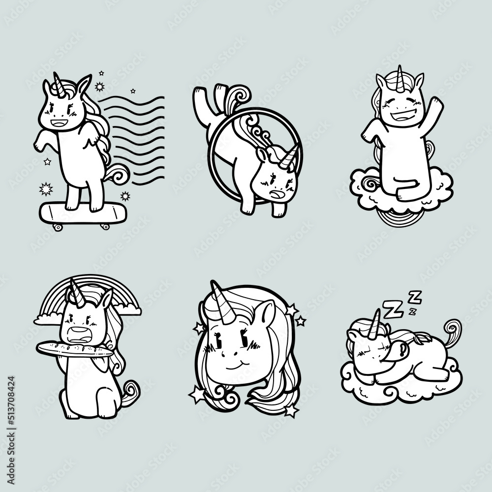 Cute unicorn outline black and white illustration Stock Vector Adobe