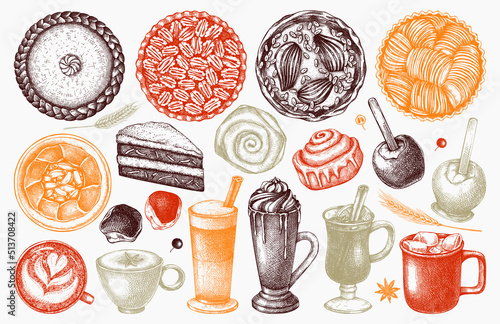 Autumn dessert collection. Thanksgiving dinner illustrations. Fall festival food  and drinks sketches. Sketched fall food drawings. Thanksgiving table hand drawn icons in color
