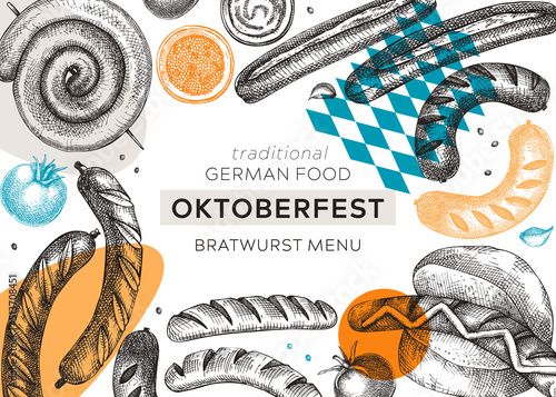 Oktoberfest background. Grilled sausage frame in collage style. Hand-drawn fast food illustration. Barbeque party sketched banner. German food sketches. For picnic, delivery, bar or restaurant design