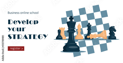 Chess. Set of white and black chess pieces. Knight, rook, pawn, bishop, king, queen. Advertising banner. Vector image.