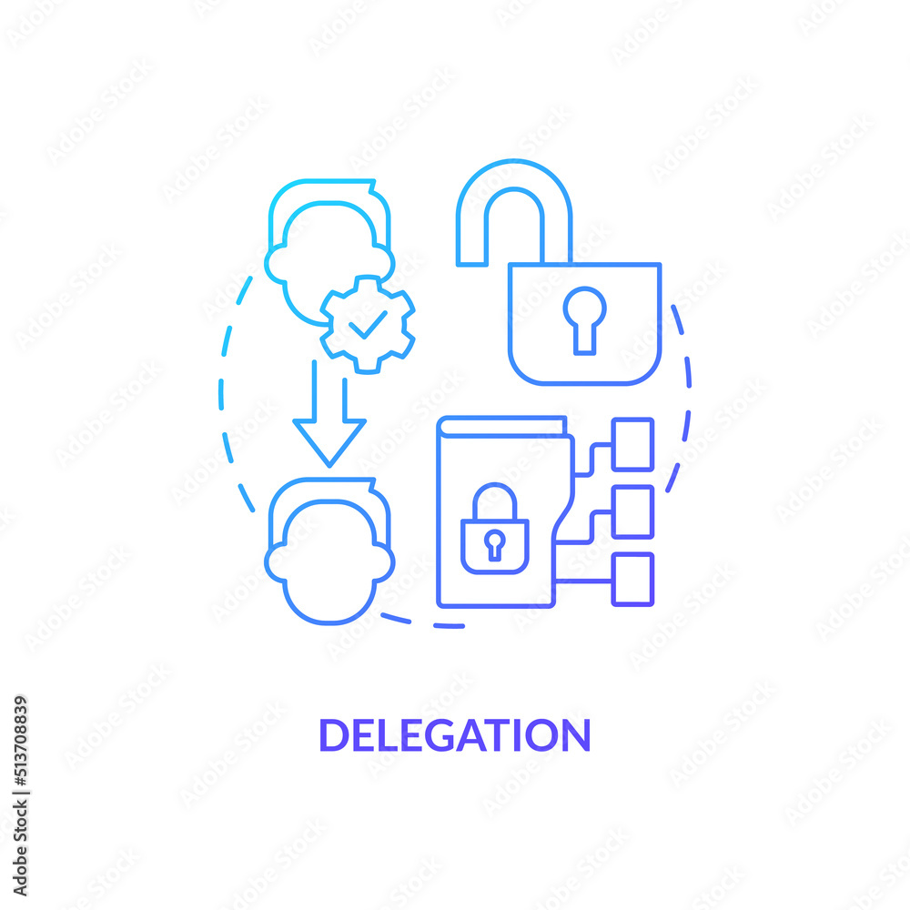 Delegation blue gradient concept icon. Identity management capability abstract idea thin line illustration. System modifications. Authentication. Isolated outline drawing. Myriad Pro-Bold font used