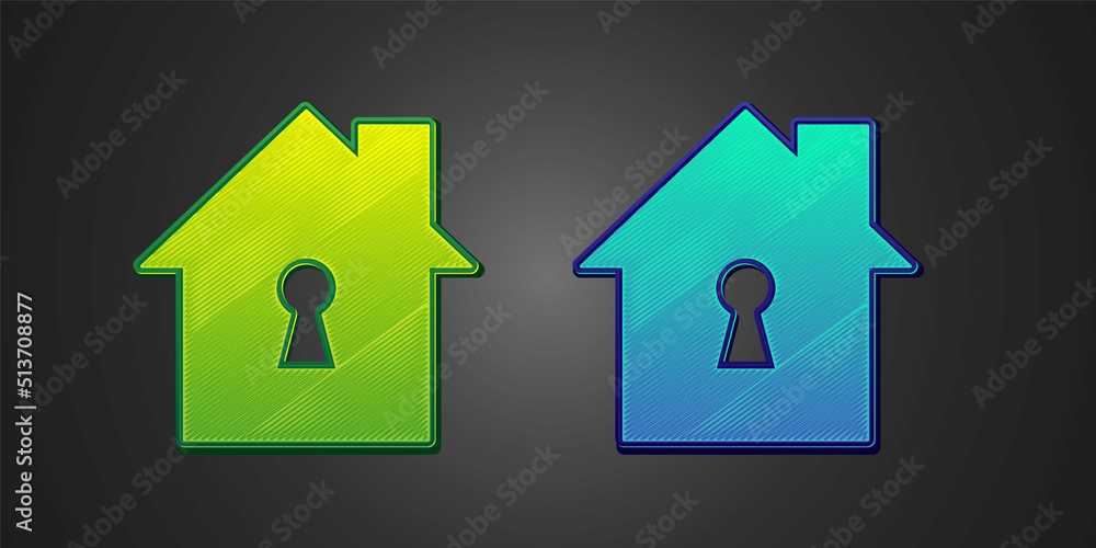 Green and blue House under protection icon isolated on black background. Home and shield. Protection, safety, security, protect, defense concept. Vector Green and blue House under protection icon isolated on black background. Home and shield. Protection, safety, security, protect, defense concept. Vector