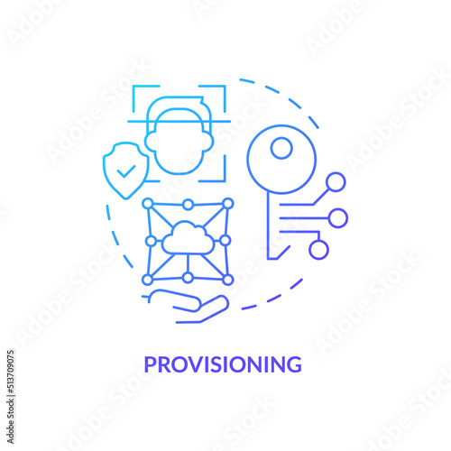 Provisioning blue gradient concept icon. Management of identities abstract idea thin line illustration. Assigning permissions to users. Isolated outline drawing. Myriad Pro-Bold font used photo