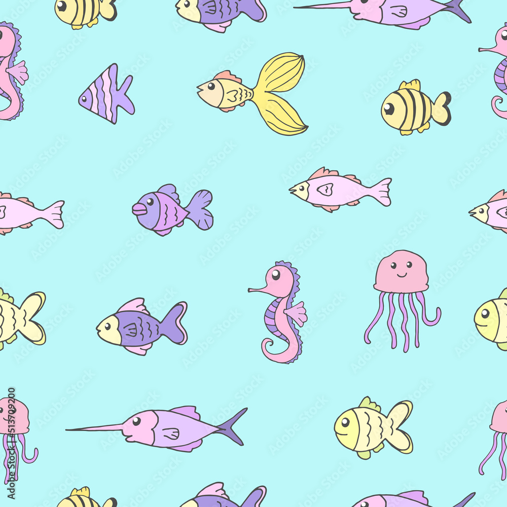collection of sea animal illustration on blue background. cute marine life, pastel color. hand drawn vector. seamless pattern with fish, seahorse and jellfish. wallpaper, wrapping paper, fabric, cover