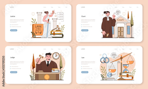 Judge web banner or landing page set. Court worker stand for justice and law