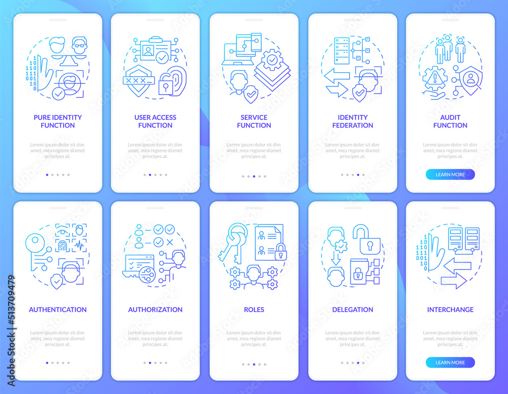 Identity management blue gradient onboarding mobile app screen set. System walkthrough 5 steps graphic instructions with linear concepts. UI, UX, GUI template. Myriad Pro-Bold, Regular fonts used