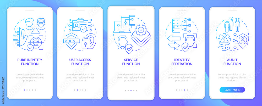 Functions blue gradient onboarding mobile app screen. Online identification walkthrough 5 steps graphic instructions with linear concepts. UI, UX, GUI template. Myriad Pro-Bold, Regular fonts used