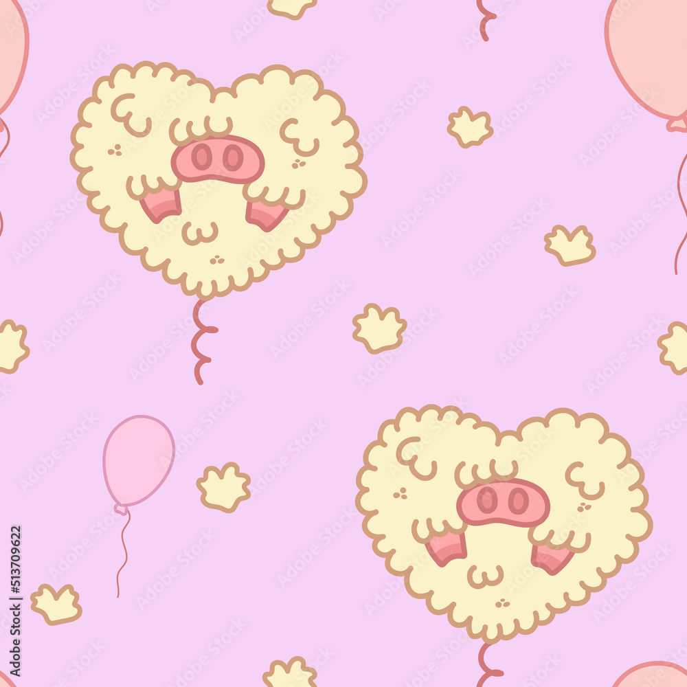 Kawaii pink pattern with fluffy pig