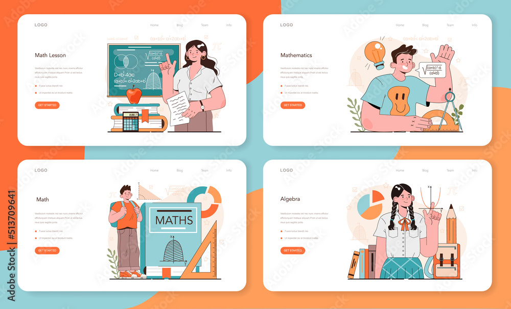 Math school subject web banner or landing page set. Students studying Math school subject web banner or landing page set. Students studying