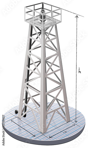 Metal derrick of an oil well placed on a graph paper with the dimensions penciled with lines and arrows (cut out)
