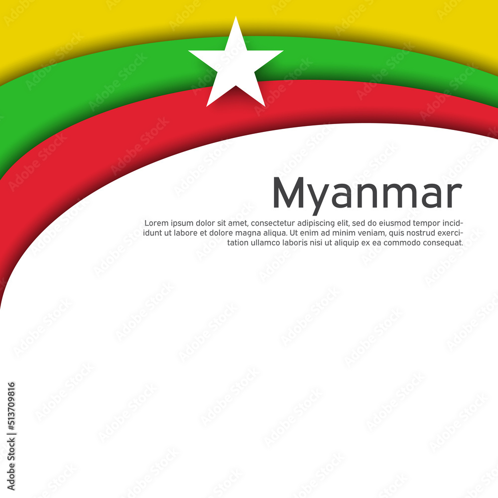 Abstract waving myanmar flag. Creative background for design of patriotic holiday card. National poster. State myanmar patriotic cover, flyer. Paper cut style. Vector tricolor design Abstract waving myanmar flag. Creative background for design of patriotic holiday card. National poster. State myanmar patriotic cover, flyer. Paper cut style. Vector tricolor design