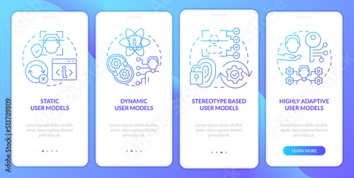 User modeling blue gradient onboarding mobile app screen. Interaction walkthrough 4 steps graphic instructions with linear concepts. UI, UX, GUI template. Myriad Pro-Bold, Regular fonts used