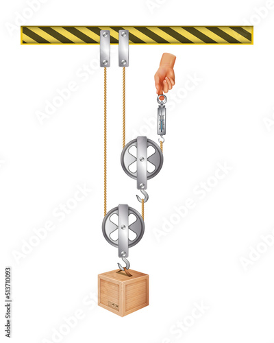Pulley system. Loaded movable pulleys. Mechanical Power. Carrying the weights with pulleys use human power. The laws of motion. Load versus effort. Science experiments on force and motion with pulley.