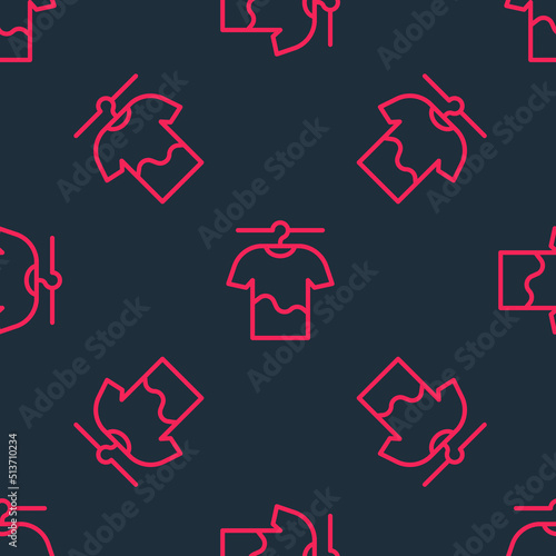 Red line Drying clothes icon isolated seamless pattern on black background. Clean shirt. Wash clothes on a rope with clothespins. Clothing care and tidiness. Vector