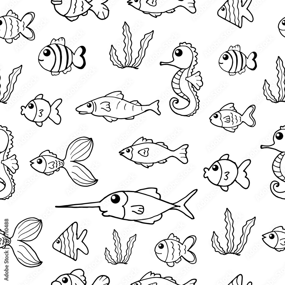 marine life background. sea animal icon. fish, seahorse and seaweed illustration isolated on white background. black and white colors. hand drawn vector, seamless pattern. doodle for kids, wallpaper. 