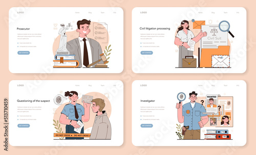 Prosecutor web banner or landing page set. Court attorney processing