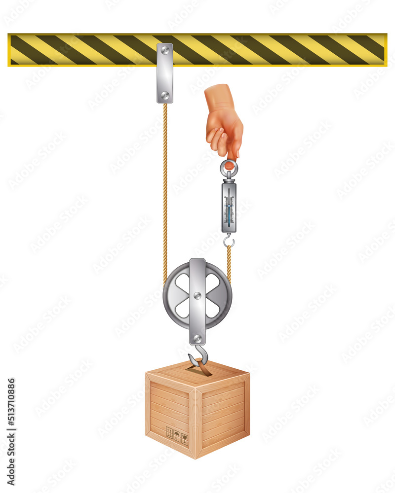 Stockvektorbilden Pulley examples, types. Force increase by pulley