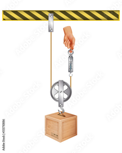 Pulley examples, types. Force increase by pulley blocks. The laws of motion. Loaded movable pulleys. Mechanical Power. Load versus effort. Science experiments on force and motion with pulley.