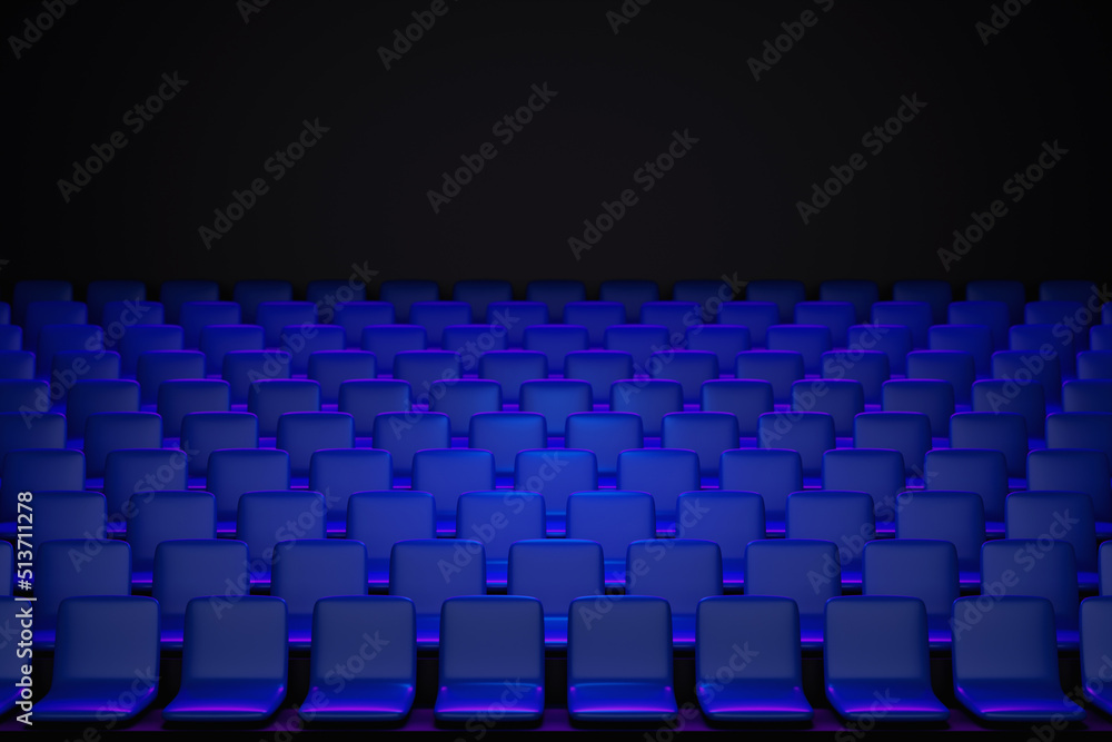 Naklejka premium 3D render the same rows of blue cartoon soft chairs in the theater. Concept of a beautiful movie theater with chairs