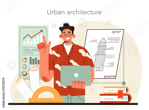 Urbanist concept. Architect studying and developing urban structure
