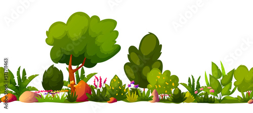 Garden landscape architecture with a flowering flower bed, green trees, bushes, grass, stones. Natural flowerbed in blossom, backyard with decorative bushes. Vector illustration