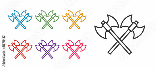 Set line Crossed medieval axes icon isolated on white background. Battle axe, executioner axe. Medieval weapon. Set icons colorful. Vector