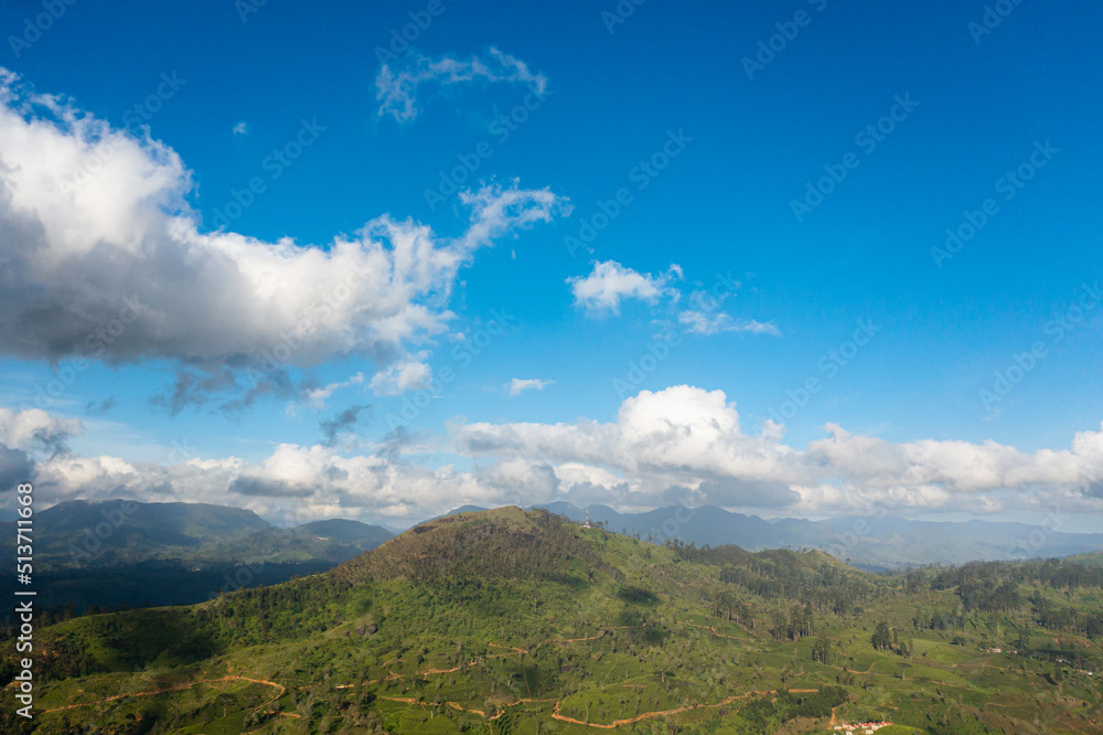 Aerial view of Green tea plantation against the blue sky and clouds in the mountains. Tea estate landscape. Maskeliya, Sri Lanka.