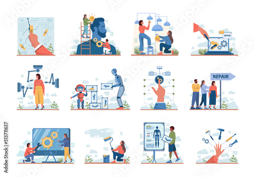 Repair abstract concept set. Troubleshooting and rehabilitation.