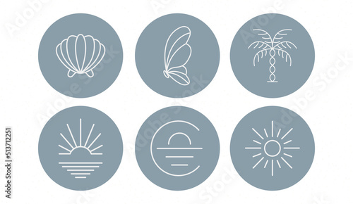 Summer badges with clockwork seashells, flowers and hands in circles. Vector illustration. Set of icons and emblems for social media news covers. Design templates for yoga studio, tourism, beauty salo