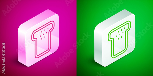 Isometric line Bread toast for sandwich piece of roasted crouton icon isolated on pink and green background. Lunch, dinner, breakfast snack. Silver square button. Vector