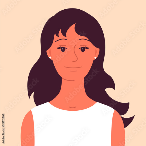 Portrait of young happy beautiful woman. A welcoming smile on your face. Brunette hair. Pretty girl. Female avatar. Flat vector isolated illustration