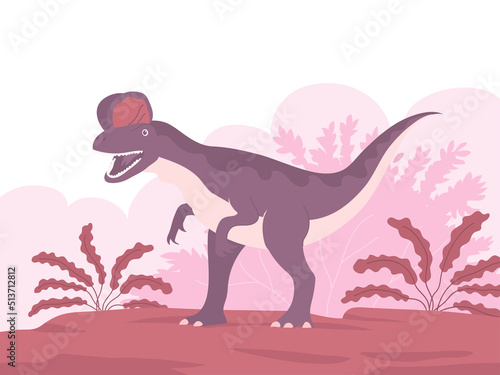 Predatory dinosaur dilophosaurus of the Jurassic period. Carnivorous lizard. Prehistoric strong hunter. Wild landscape. Cartoon vector illustration