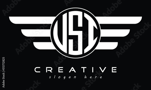 USI three letter circle with wings logo design vector template. wordmark logo | emblem logo | monogram logo | initial letter logo | typography logo | business logo | minimalist logo |