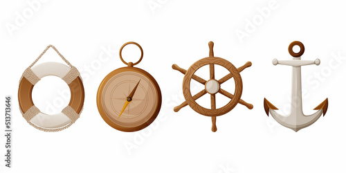 Lifebuoy, rudder, ship steering wheel, compass, anchor, sea elements set, vector illustration in nautical marine style. For banner, sticker, social media. Concept of journey, water travel