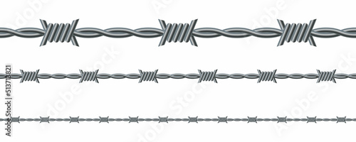 Vector illustration of barbed wire isolated on white background. Twisted barbwire seamless background. Security fence pattern. 