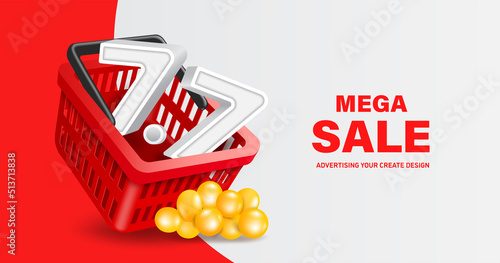 White 7.7 Place text in a red shopping cart with a yellow balloon in front of it for promotion MEGA SALE day seven month seven,vector 3d isolated on white background for shopping ad design