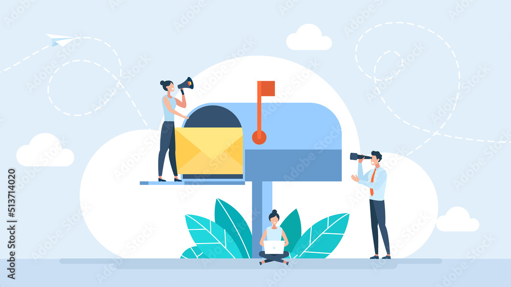 Business correspondence, subscription. Mailbox with letter in envelope. Letterbox. Inbox mail and mailbox. Tiny people are happy to receive the letter. Open post box. Flat design. Vector illustration Business correspondence, subscription. Mailbox with letter in envelope. Letterbox. Inbox mail and mailbox. Tiny people are happy to receive the letter. Open post box. Flat design. Vector illustration
