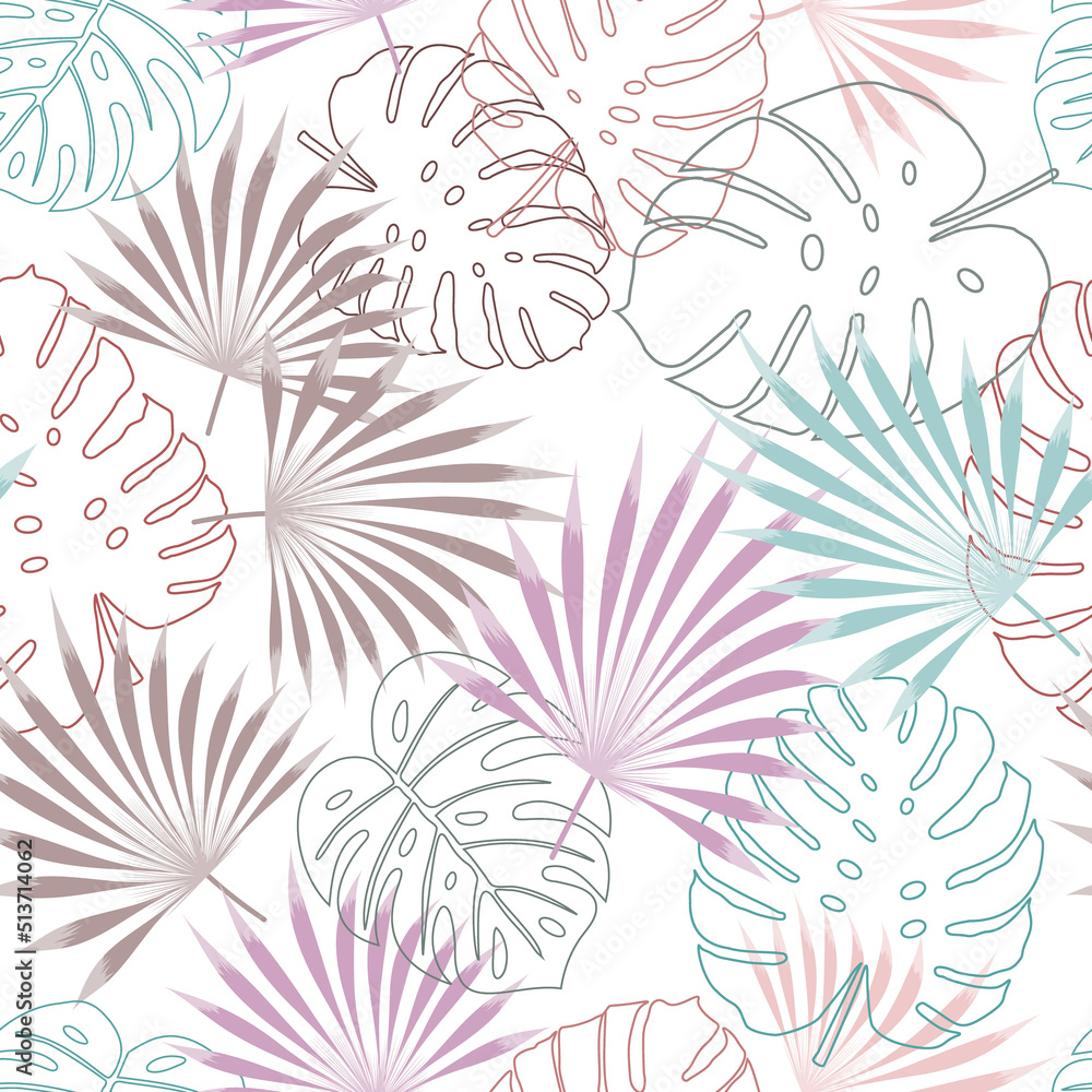 Seamless pattern of colorful abstract tropical leaves.