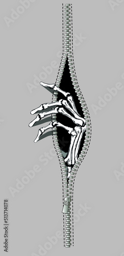 Skeleton's hand peeks out from zipper hole. Vector illustration.