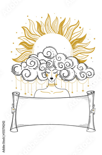 A magical woman shaman with a golden sun in her hair holds an empty scroll with copyspace in her hands. Boho goddess icon for flyer, postcard, print. Vector hand sketch isolated on white.