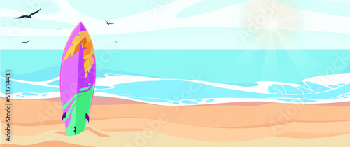 The pink surfboard stand on the sand at the sunny sea. Summer banner with surfboard, sun and beach background for advertising, web site, flyer in modern flat style design vector illustration.